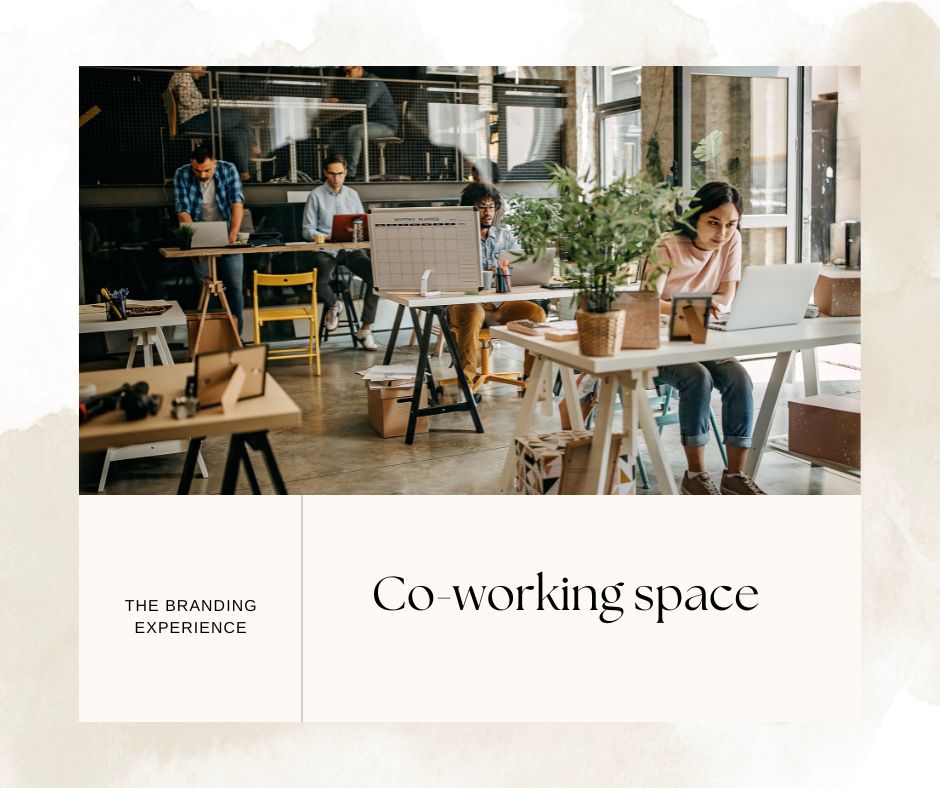 several people working in a small co working space with plants and benches is another great branding location 